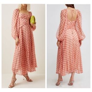 NWT Acler Mattison Pleated Plaid Chiffon Maxi Dress in Peach Size 6 Chic Retro